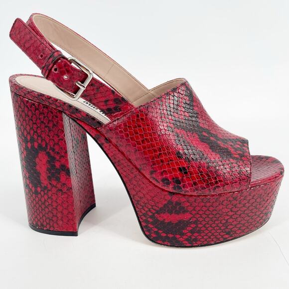 Miu Miu Red Black Snakeskin Embossed Leather Platform Block Heel Sandals IT 40 - Picture 2 of 13